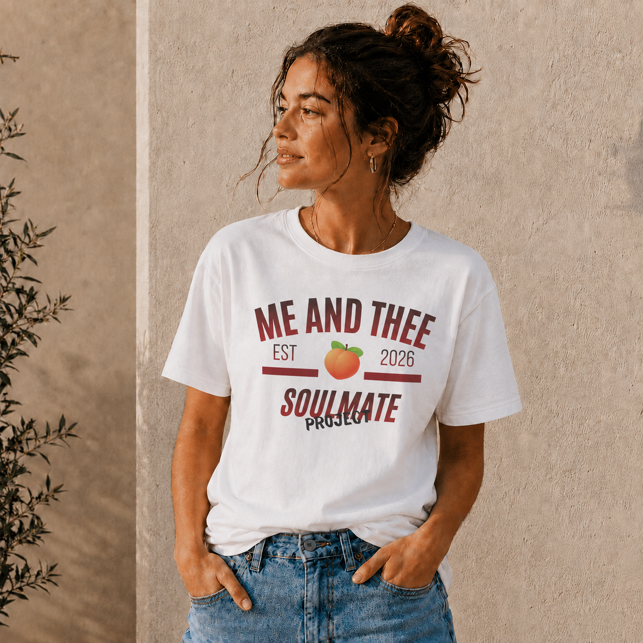 Model wearing the white Me and Thee 'Soulmate Project' t-shirt (PondPhuwin)