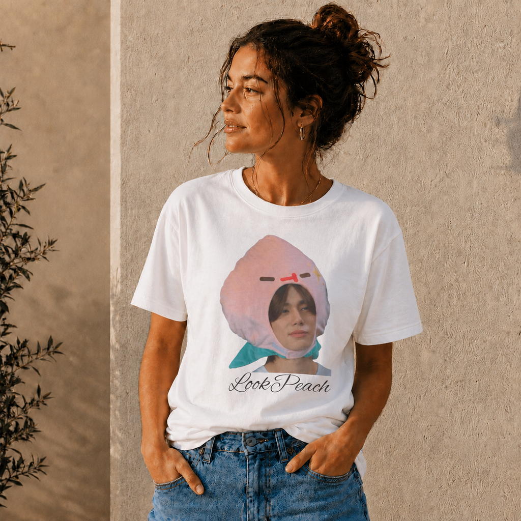 Model wearing the white 'Look Peach' t-shirt — Phuwin as Peach (Me and Thee, PondPhuwin)