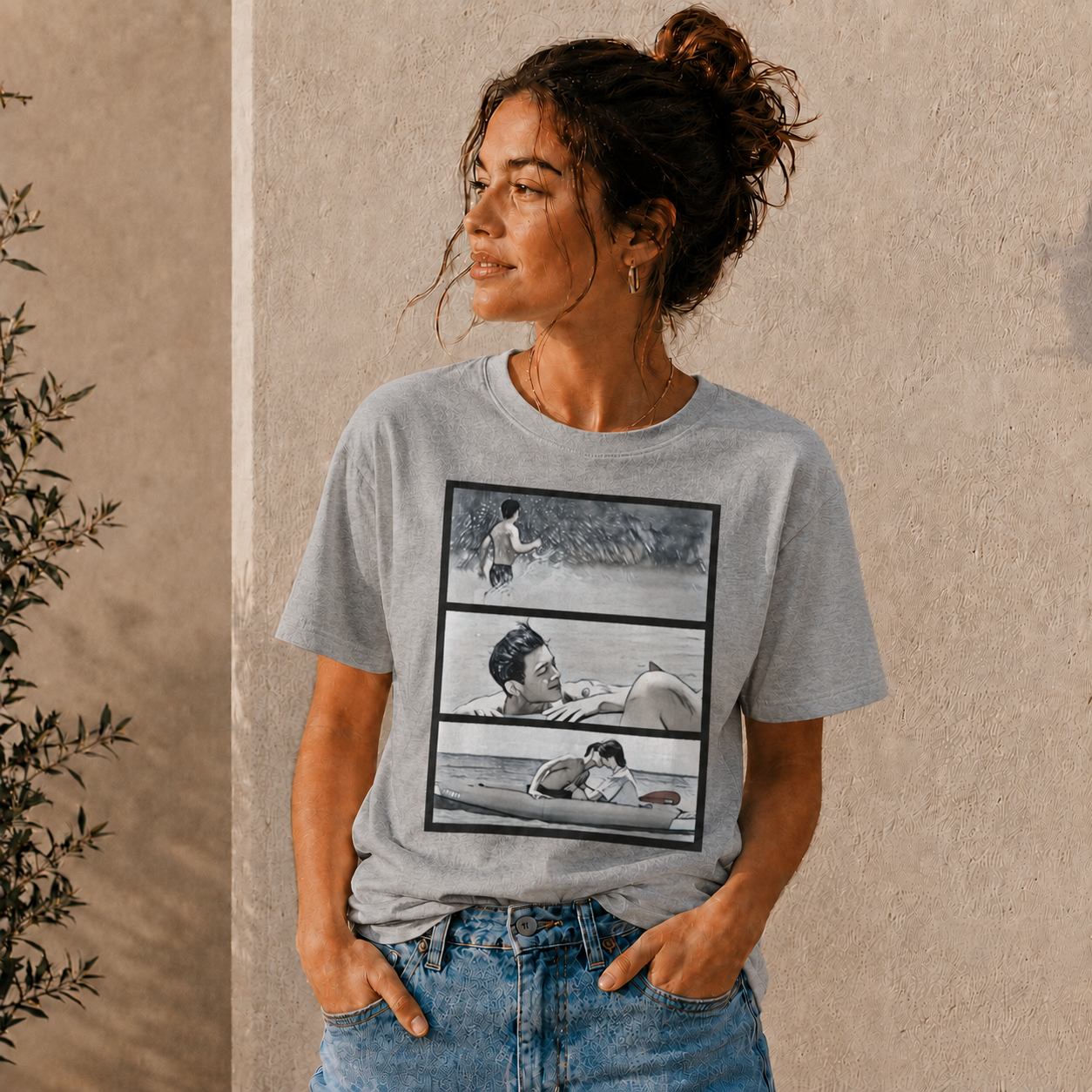 Model wearing the sport grey 'Me and Thee' Thee & Peach scene t-shirt (PondPhuwin)