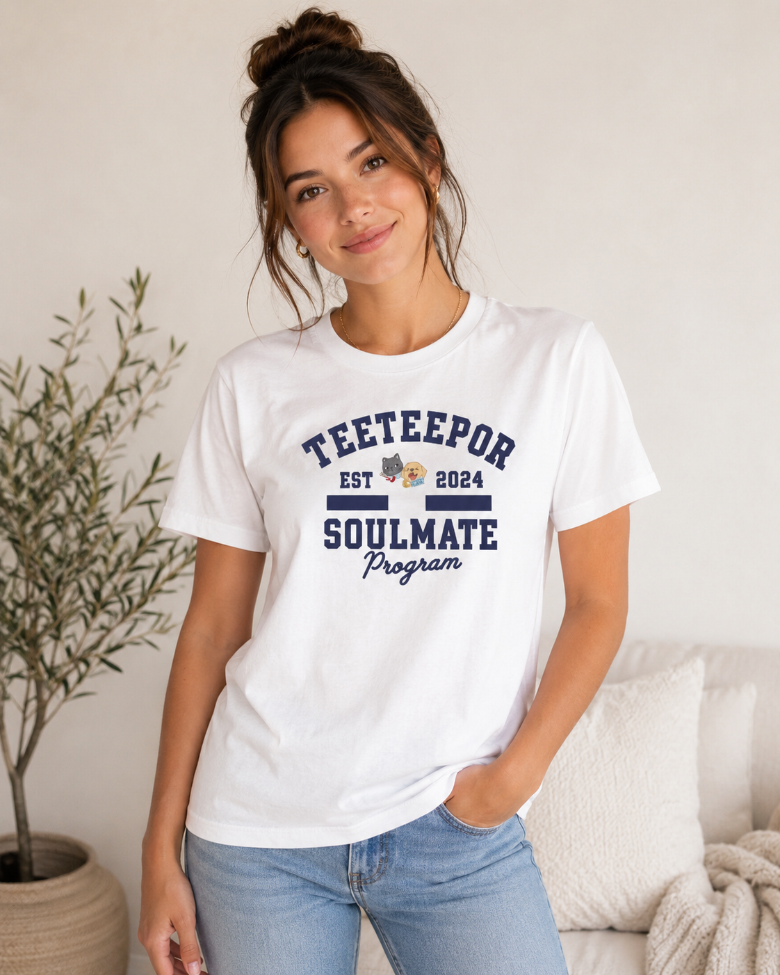 Model wearing the white TeeteePor Soulmate Program varsity tee – Duang With You Thai BL merch