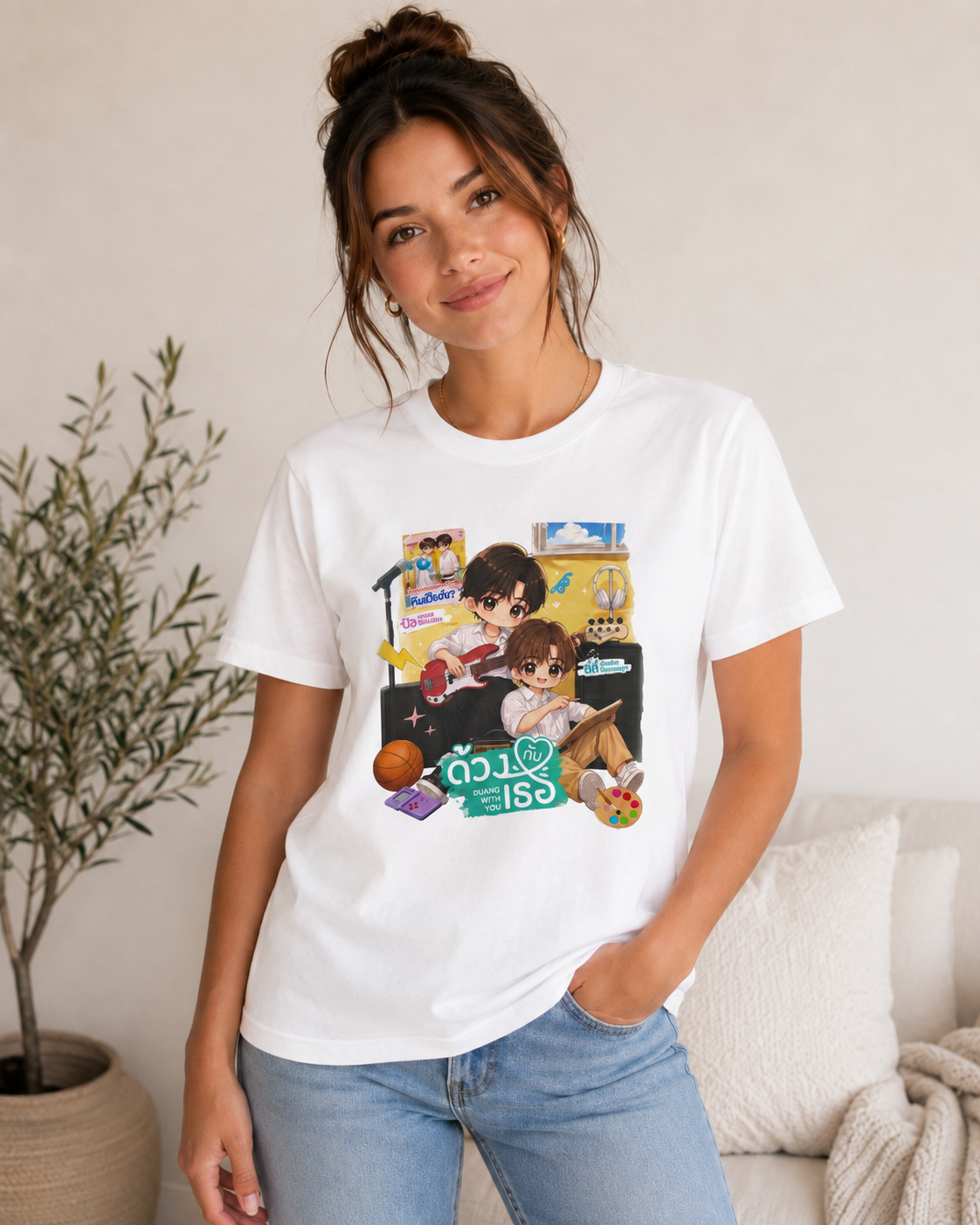 Model wearing the white Duang With You chibi series tee – TeeteePor Thai BL merch