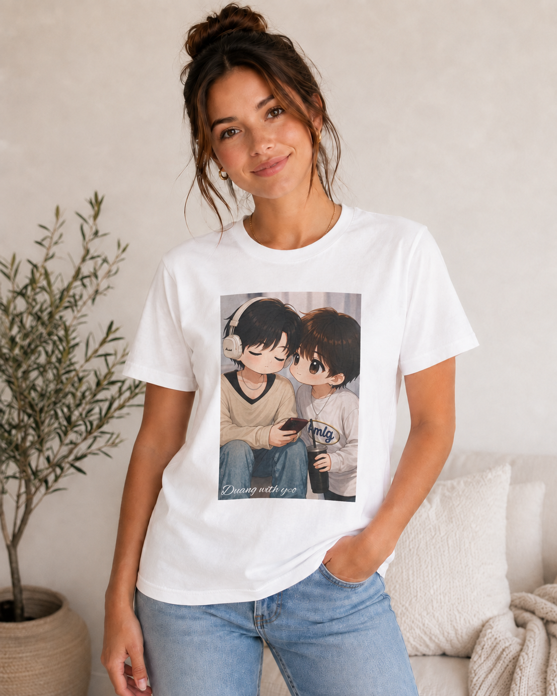 Model wearing the white Duang With You chibi couple tee – TeeteePor Thai BL merch