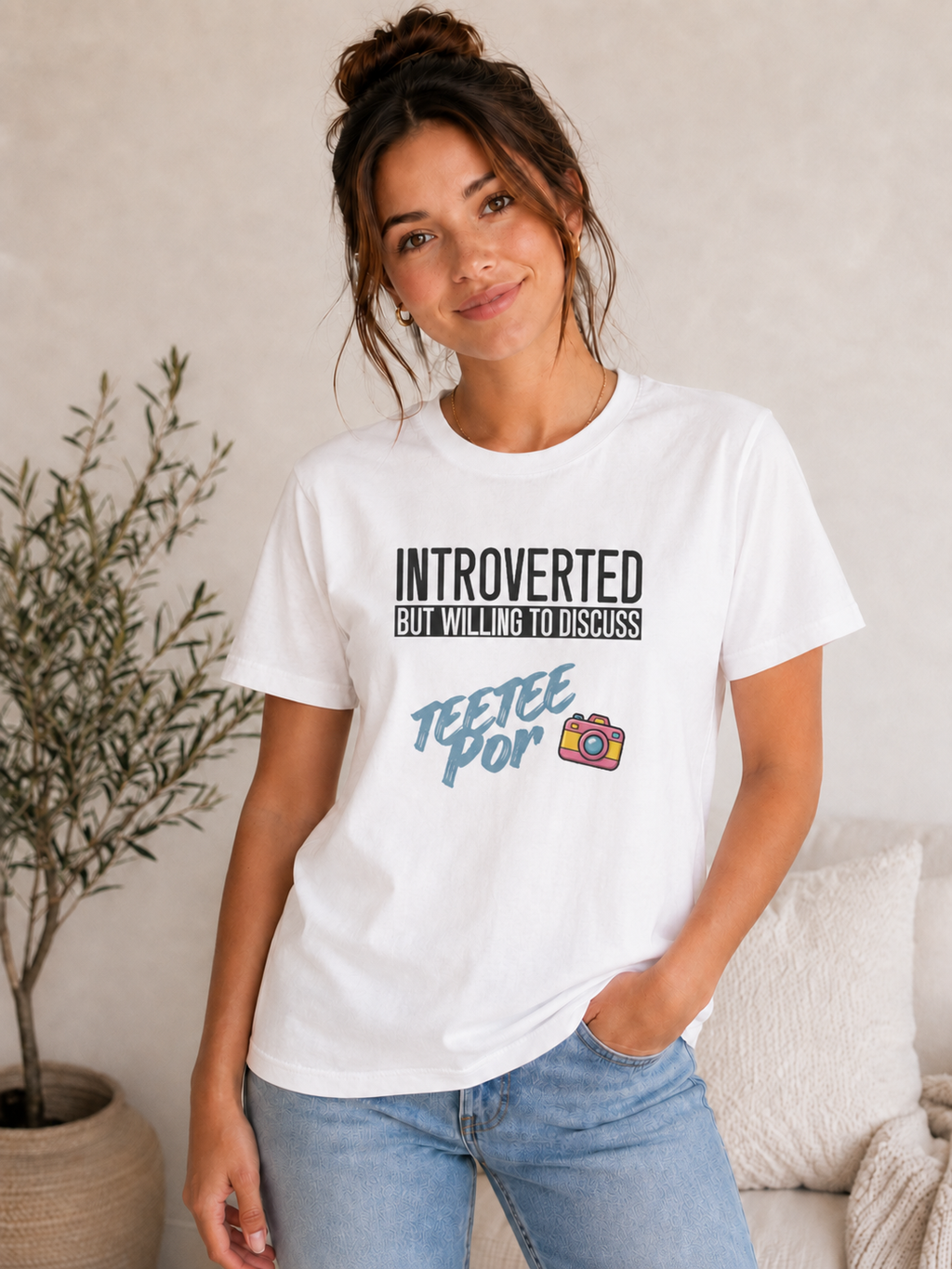 Model wearing the white Introverted but willing to discuss TeeteePor slogan tee – Thai BL merch