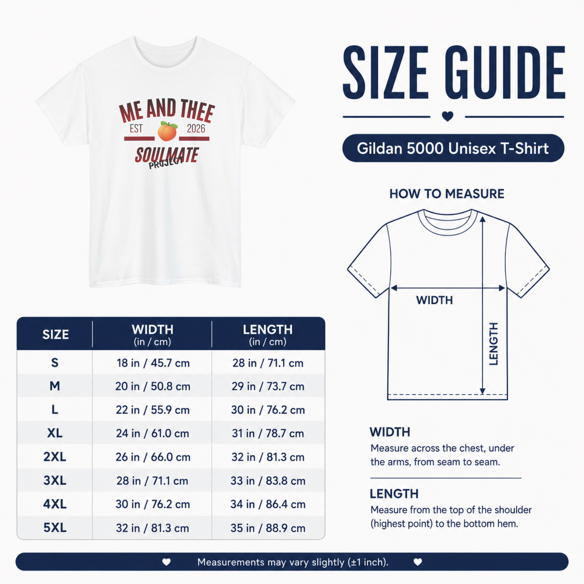 Size guide for the Gildan 5000 unisex t-shirt with width and length measurements in inches and centimetres