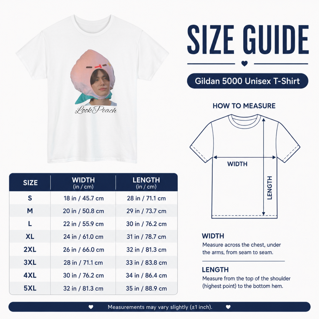 Size guide for the Gildan 5000 unisex t-shirt with width and length measurements in inches and centimetres