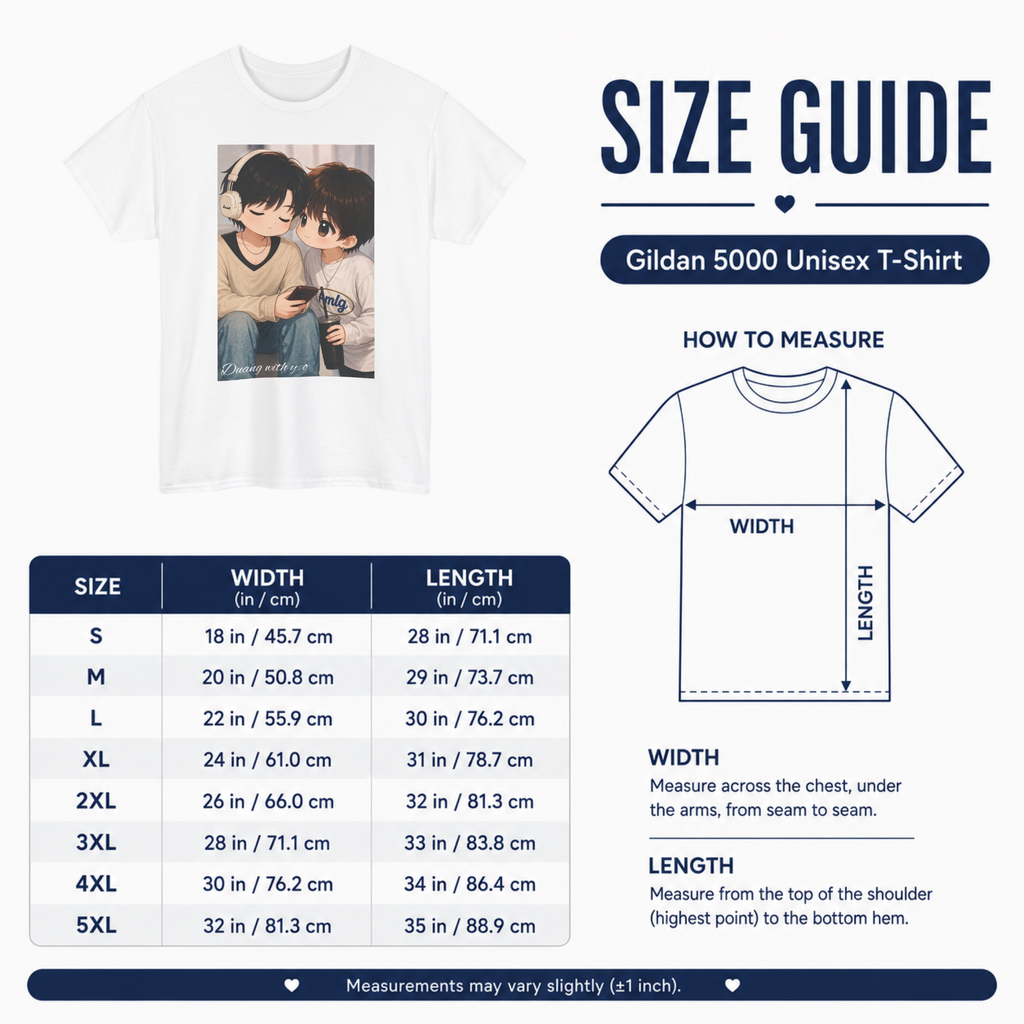 Gildan 5000 unisex T-shirt size guide with measurements in inches and centimetres