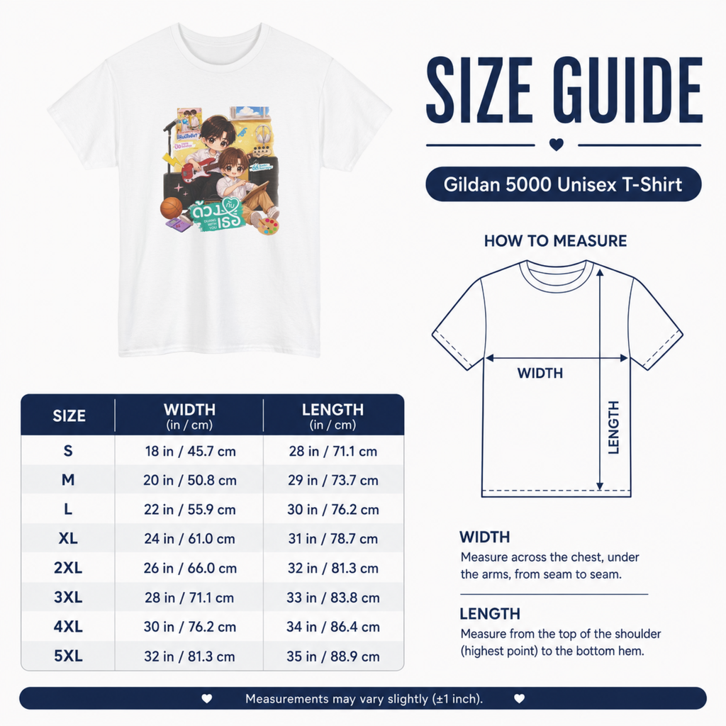 Gildan 5000 unisex T-shirt size guide with measurements in inches and centimetres