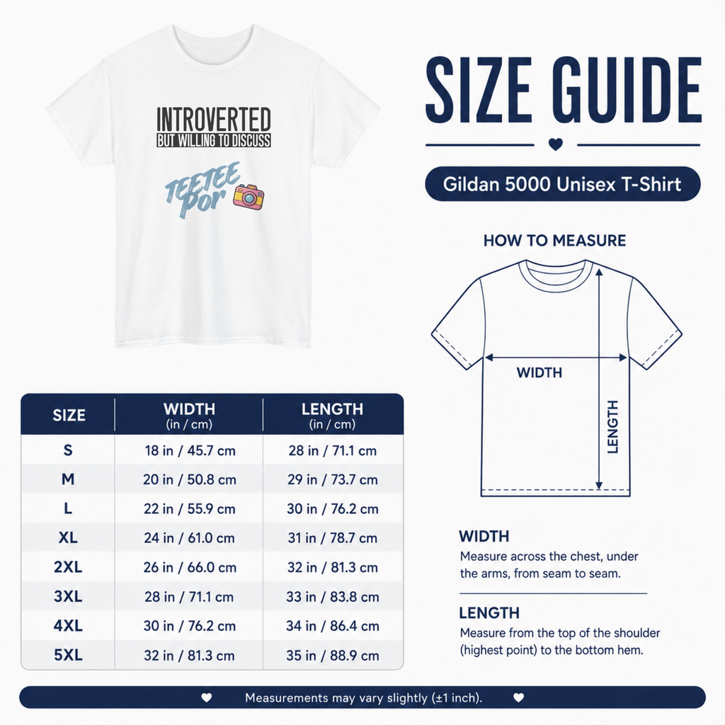 Gildan 5000 unisex T-shirt size guide with measurements in inches and centimetres