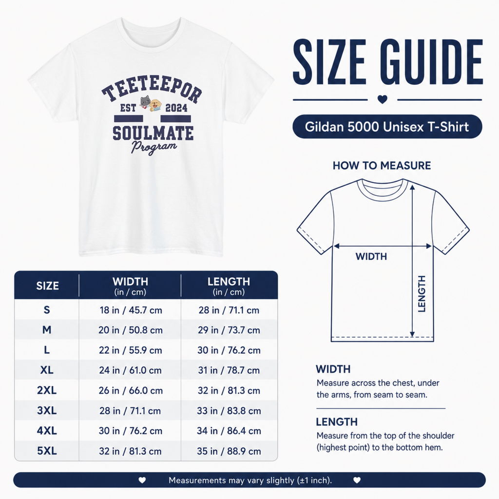 Gildan 5000 unisex T-shirt size guide with measurements in inches and centimetres