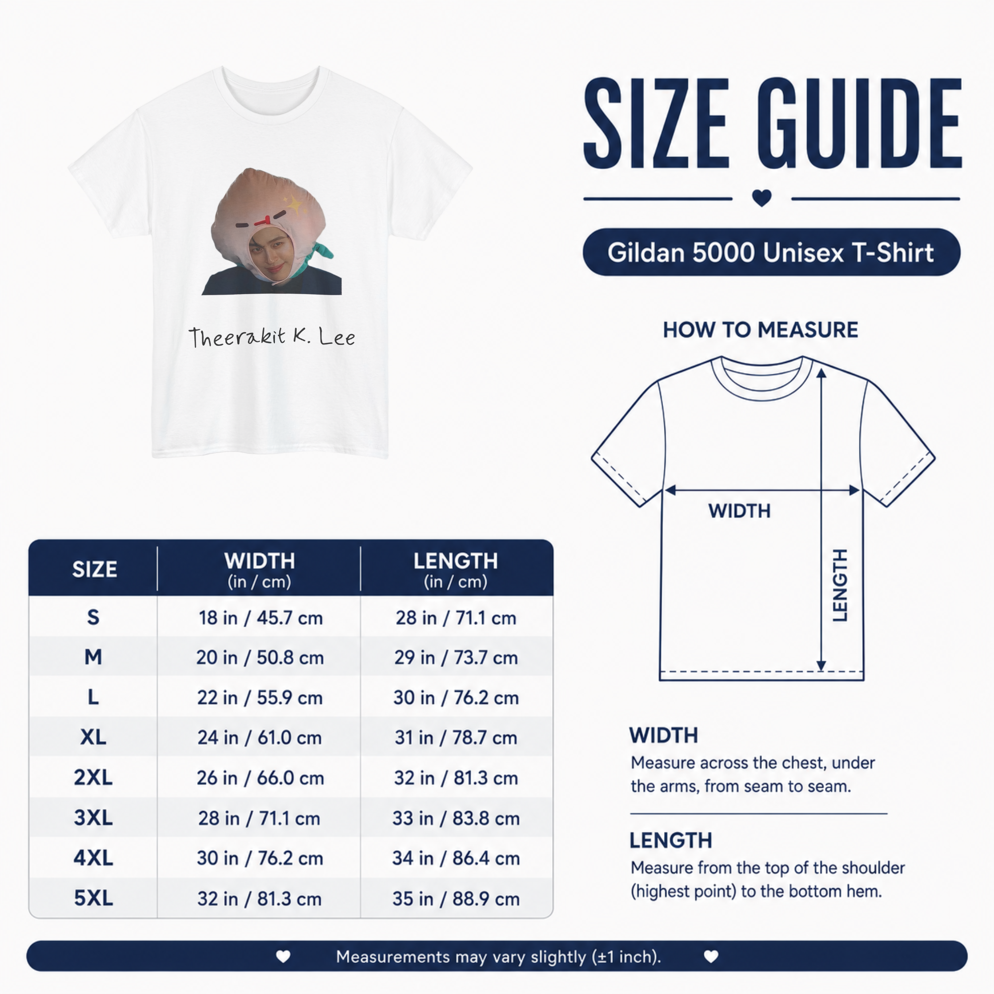 Size guide for the Gildan 5000 unisex t-shirt with width and length measurements in inches and centimetres